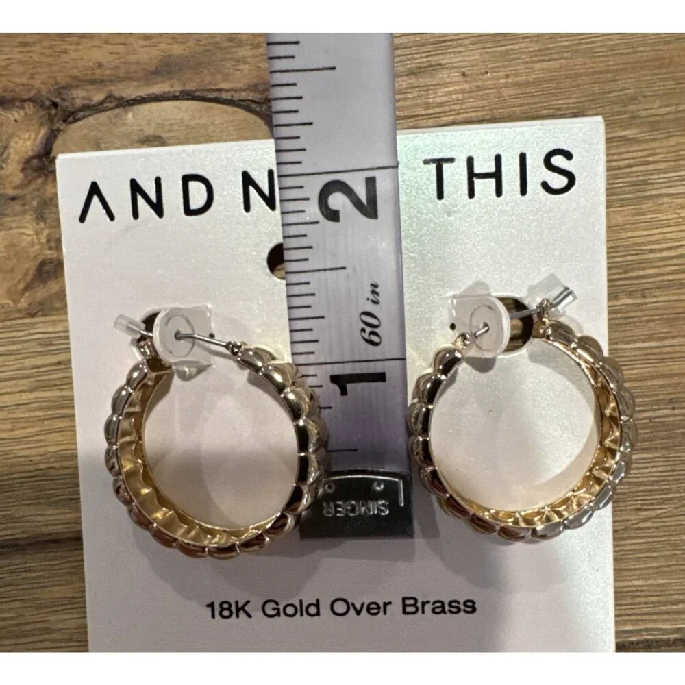 And Now This 18 KT Gold Brass Textured Hoop Earrings Classic 1.25" NEW $50 - Picture 5 of 7